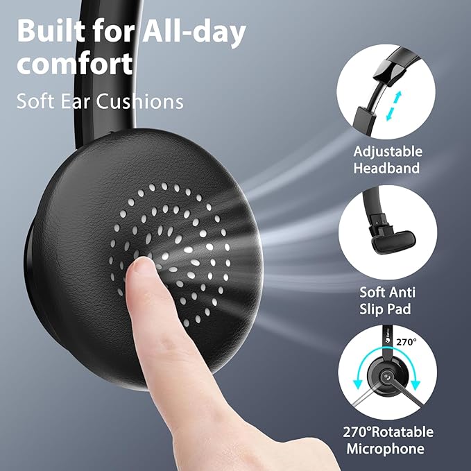 Wireless Headset with Microphone for Work, Bluetooth 5.3 Computer Headset for Laptop, 45 Hours Battery Life & Mute Button, Headset with Mic for PC, iPhone, Zoom, Skype, Office & Home