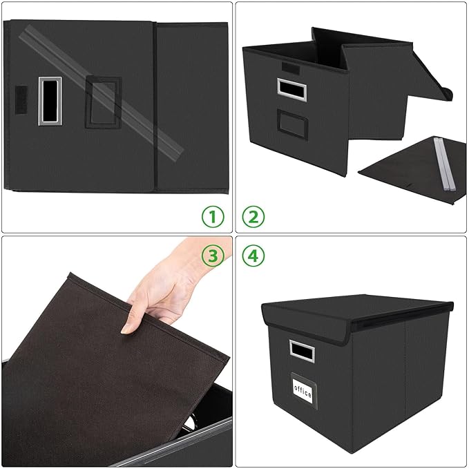 File Organizer Box with Lids, Collapsible File Folder Organizer | File Box with Plastic Slides for Document, Filing Bin for Letter Size Hanging File Folders (4 Pack, Black, Leather)