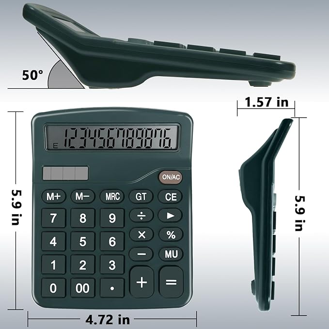 Dark Green Desktop Calculator with Big Buttons, Dual Power Source, Solar and Battery, Large Display Screen - Perfect for Office, Teachers, and Students (Dark Green)