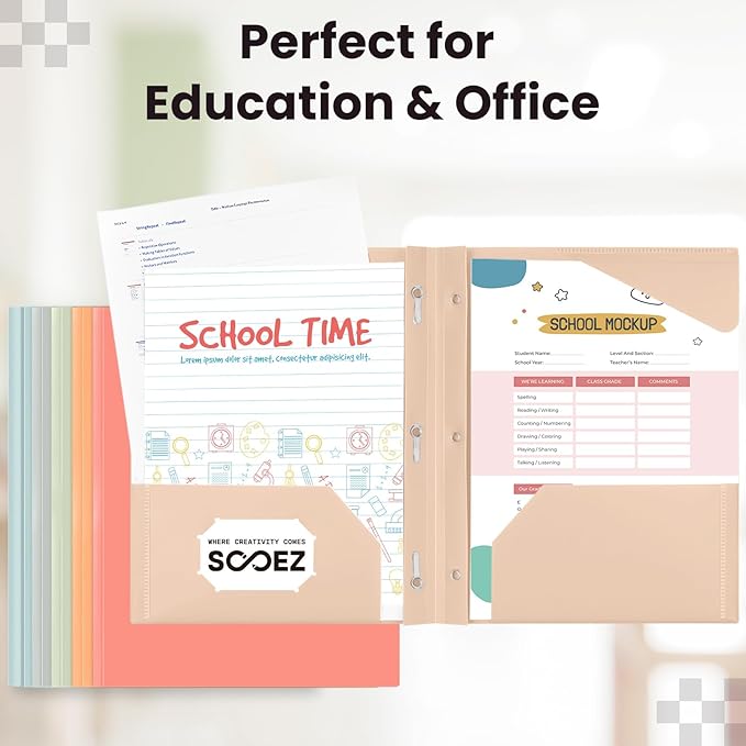 Sooez Plastic Folders with Pockets and Prongs, Pocket Folders with Prongs | 6 Pack Heavy Duty 3 Prong 2-Pocket Folders for Document, Colored File Folder Back to School Supplies for Kids