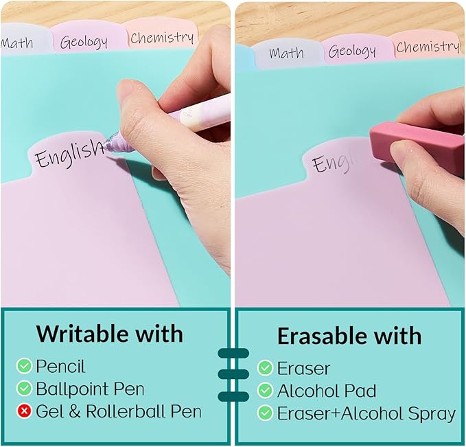 Sooez 8 Tabs Plastic Write & Erase Binder Dividers with Tabs, 6 Sets | Long-Lasting Dividers for 3 Ring Binder, Cute Pastels Binder Dividers Organizers for Student, Teacher, Office, Pastels Color