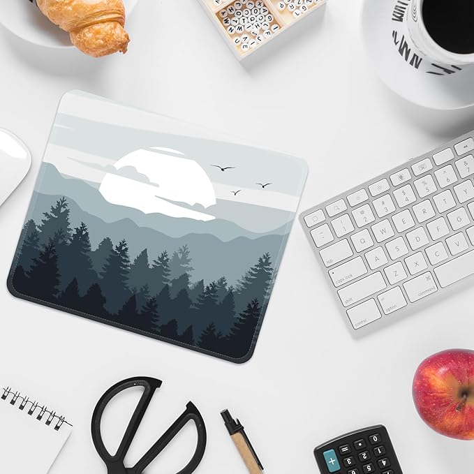 Mouse Pad with Stitched Edges - Nature Landscape Mousepad for Women, 9.25 x 7.75 inch Washable Square Desk Pad, Non-Slip Rubber Base, Office Home Laptop Accessories - Misty Mountain