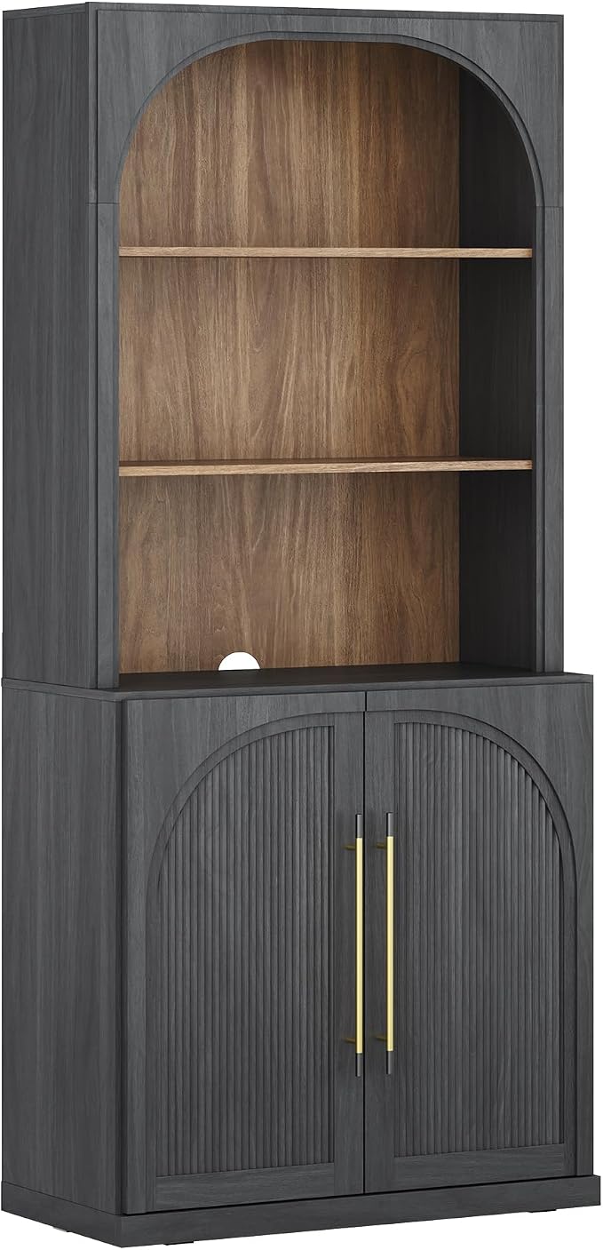 BELLEZE 72" Tall Storage Cabinet with Hutch, Modern Wood Sideboard with Arched Doors and 3-Tier Shelves, Display Curio Cabinet for Kitchen, Dining Room, Living Room, or Office, Ebony