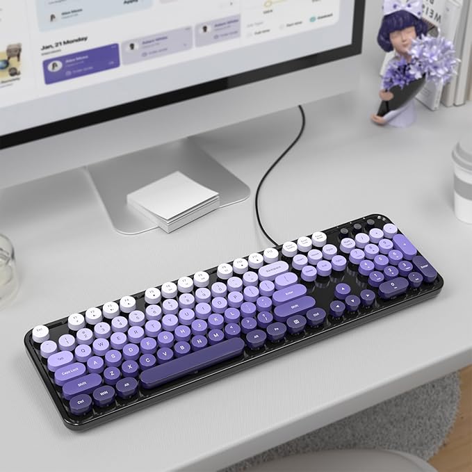 MOWUX Computer Keyboard Wired, Plug and Play USB Retro Round Typewriter Keyboard, Full Size Wired Keyboard with Foldable Stands for Laptop and Office PC- Large Purple Colorful