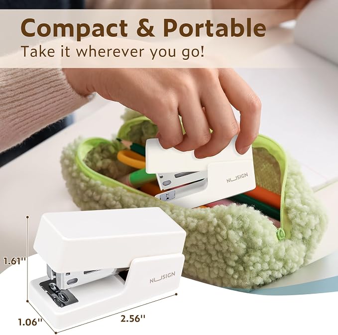 NUSIGN Mini Stapler with 830 Staples, 25 Sheet Capacity, White | Small Cute Desk Staplers