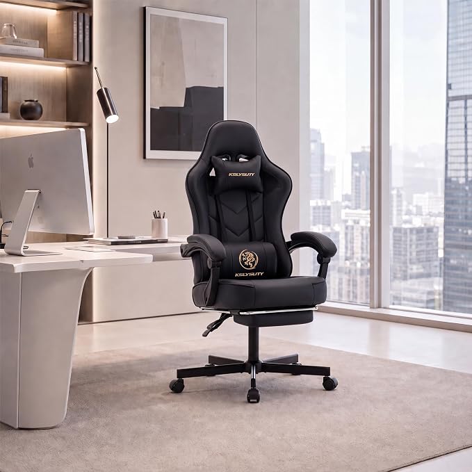 Desk Computer Gaming Chair - High Back Ergonomic Office Chair with Footrest and Lumbar Support, Swivel Comfy Home Gamer Video Game Chairs with Pocket Spring Cushion for Adults (Black Leather)