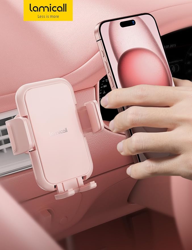 Lamicall 2026 Wider Clamp & Metal Hook Car Phone Holder Vent Accessories | Thick Cases Friendly Phone Holders for Your Car Mount Hands Free for Women Men Gift for iPhone 17 16 15 14 13 12 Pro Max Pink