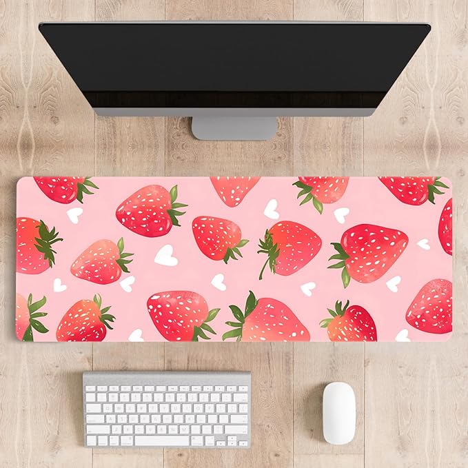 Mousepad Desk Mat Gaming Large Keyboard Cute Office Desktop Computer Laptop Strawberry XXL Long Giant Big Kawaii Aesthetic Girly Pretty Design Women Girl Gamer Oversized Wide 30x12'' Mousepad