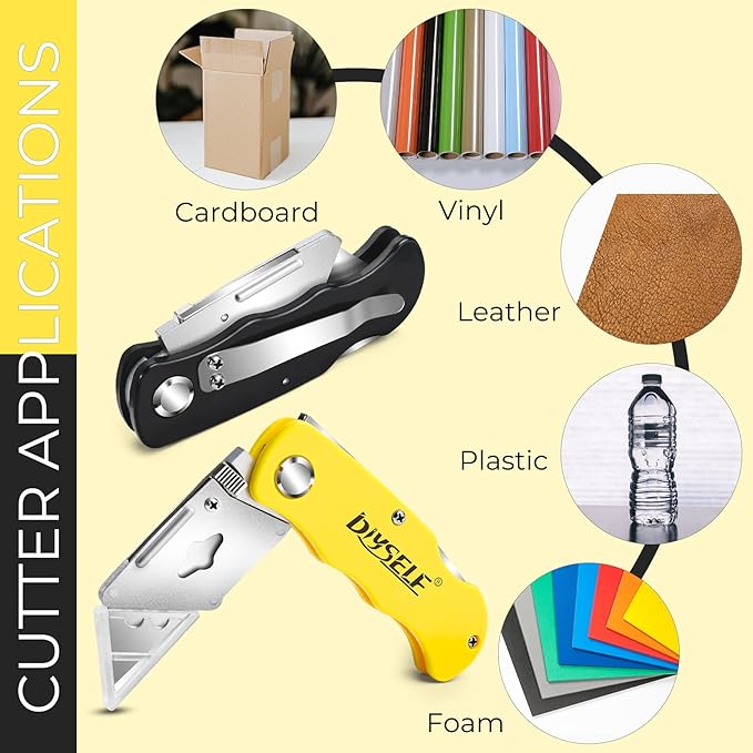 DIYSELF Knife 7 Pack Box Cutters, Back Lock Design, Quick Change Blade, Razor Knife Folding Utility Knives for Work, Boxes, Cardboard, Carton, Carpet
