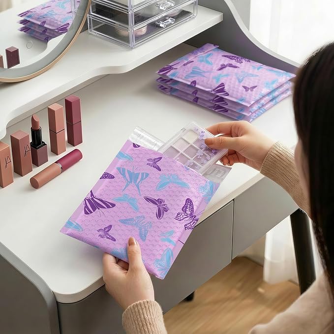 Fuxury Bubble Mailers 6x10" Pinkish-Purple Padded Envelopes 100 Pack | with Blue-Purple Butterfly Special Design Padded Mailers Waterproof Bubble Envelopes for small business Jewelry Makeup #0