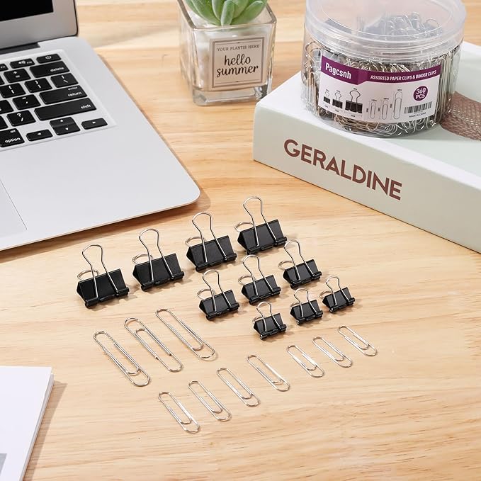 360 Pack Mixed Sizes Metal Paper Clips & Binder Clips, Medium Large Binder Clips, Office School Home Document Organizing Supplies