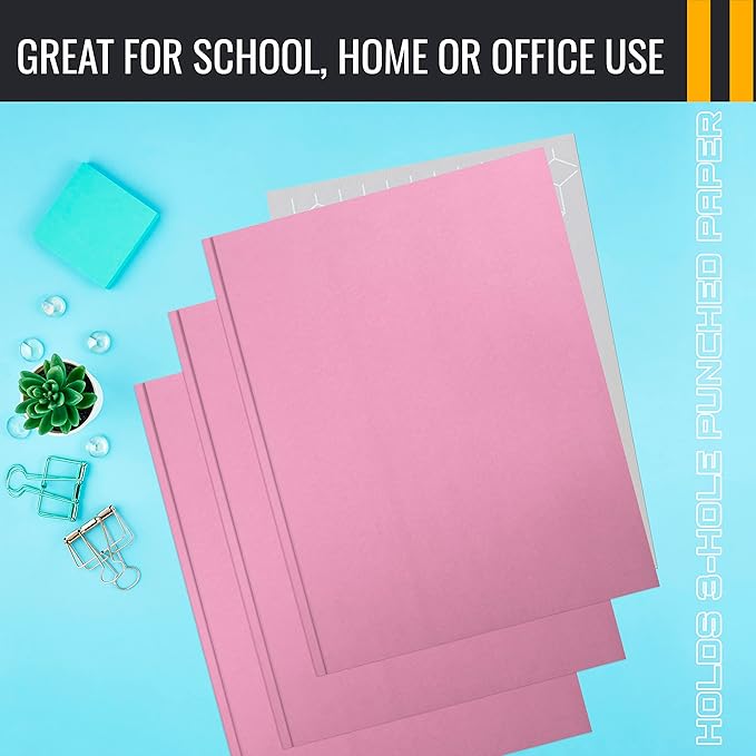 Better Office Products Pink Paper 2 Pocket Folders with Prongs, 50 Pack, Matte Texture, Letter Size Paper Folders, 50 Pack, with 3 Metal Prong Fastener Clips, Pink