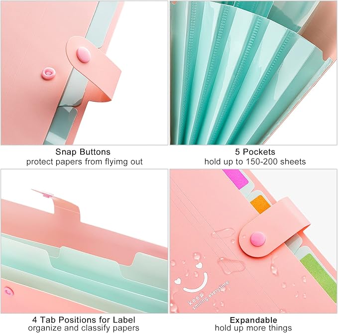 Forvencer Accordion File Organizer, 5 Pocket Expanding File Folder, Letter | Cute File Folder with Labels, Portable File Organizer for School Office Supplies, Folders for Documents, Pink