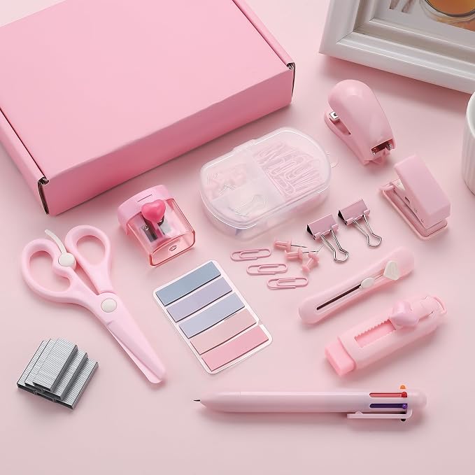 Pink Mini Office Supply Kit Mini School Supplies Desk Accessory Set Includes Mini Stapler Pencil Sharpener Staple Remover Hole Punch Ballpoint Pen Scissor Box Cutter Paper Clips Sticky Index Tabs