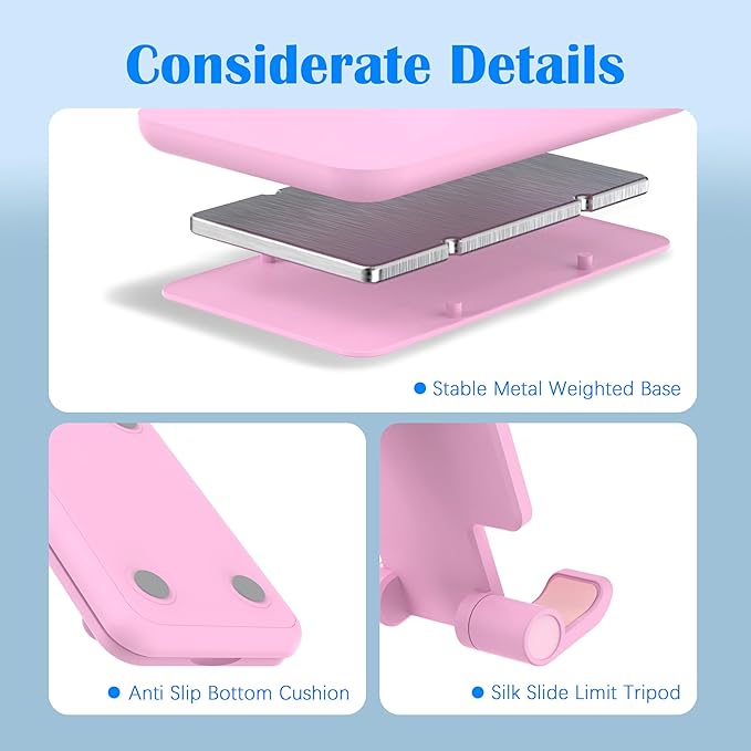 Cell Phone Stand, Adjustable Angle and Height Cell Phone Holder for Desk, Foldable and Portable, Anti-Slip Silicone Pad, Compatible with All Mobile Phones and 4-8 Inch Devices (Pink&Green)