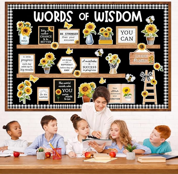 Summer Sunflower Bulletin Board Set Motivational Flower Classroom Decorations Words of Wisdom Bulletin Board Sunflower and Vases Bookshelf Paper Cutouts for Back to School Classroom Library Wall Decor