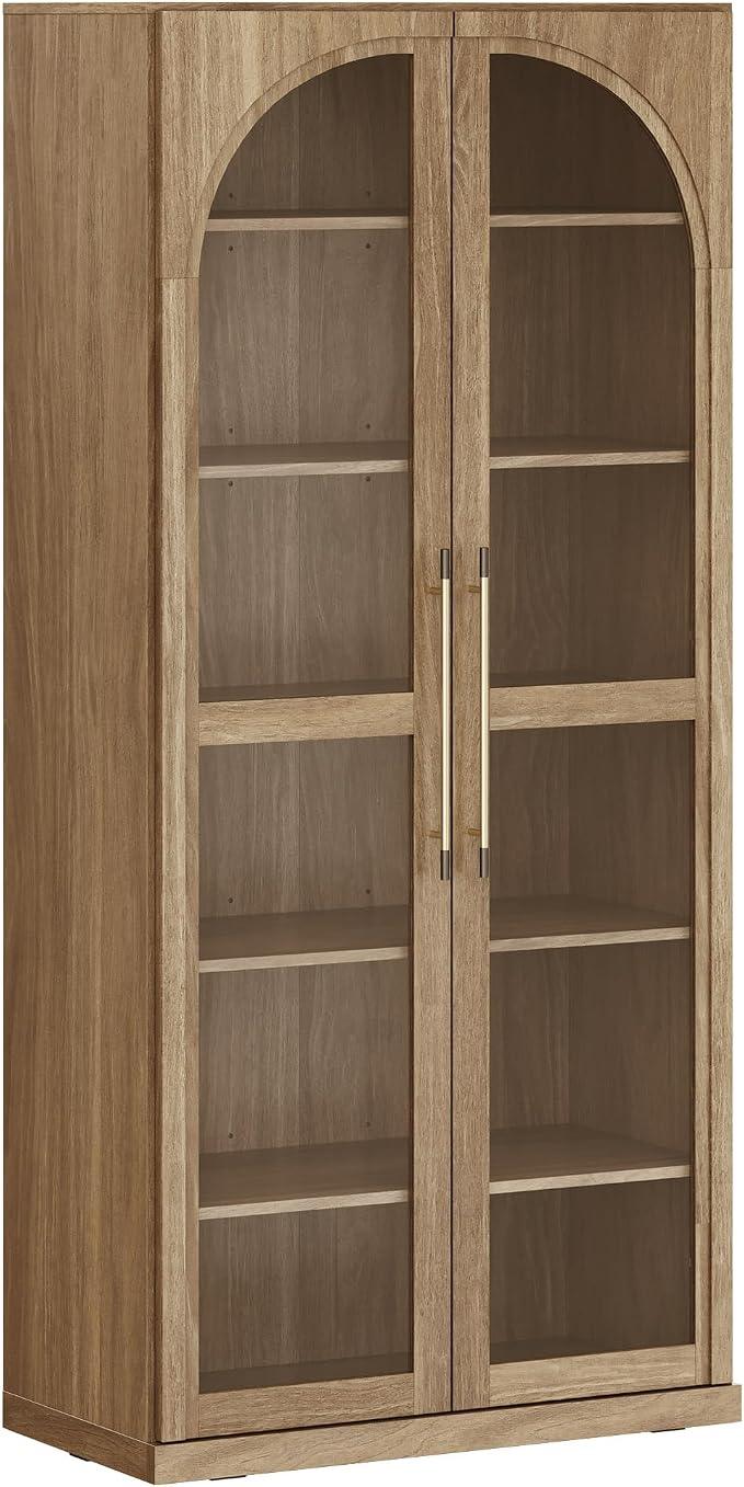 BELLEZE Modern Wood Wine Curio Cabinets with 4 Adjustable Shelves, 67" Storage Cabinet, 6 Shelf Glass Bookshelf Display Cabinet, Trophy Display Case for Living Room, Wine, Camel
