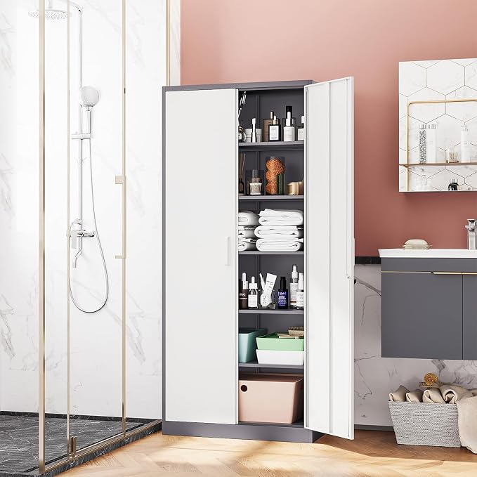 Fesbos Metal Storage Cabinet-72” Tall Steel File Cabinets with Lockable Doors and 5 Adjustable Shelves-Gray&White Steel Storage Cabinet for Home, School, Office, Garage