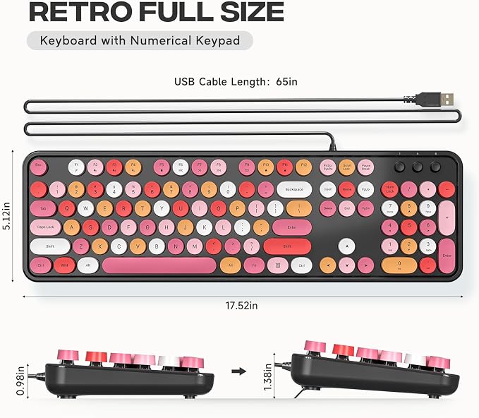 MOWUX Computer Keyboard Wired, Plug and Play USB Retro Round Typewriter Keyboard, Full Size Wired Keyboard with Foldable Stands for Laptop and Office PC- Black Colorful