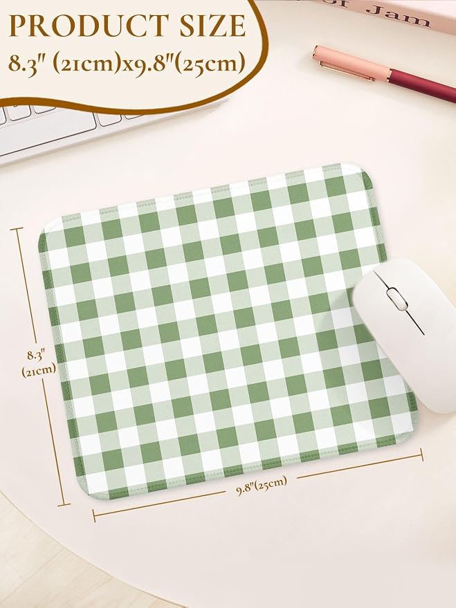 Square Cute Checkered Mouse Pad with Stitched Edge, Premium Waterproof Cloth Aesthetic Small Plaid Mouse Mat, Non-Slip Rubber Base Funny Mousepad Desk Accessories,Green White