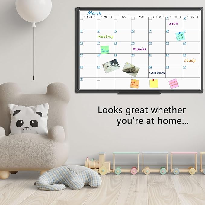 Dry Erase Calendar Whiteboard - Magnetic White Board Calendar Monthly 48 X 36 Inch, Black Aluminum Frame Wall Mounted Board for Office Home and School