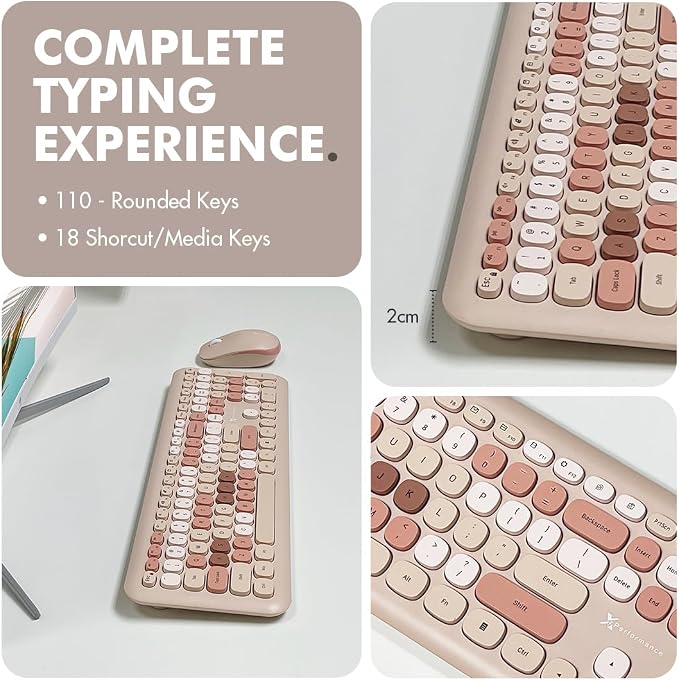 X9 Colorful Keyboard and Mouse Wireless - 2.4G Aesthetic Wireless Keyboard and Mouse Combo with Bubble Keys - Cute Typewriter Keyboard and Mouse for Computer PC Laptop Windows & Chrome (Brown)