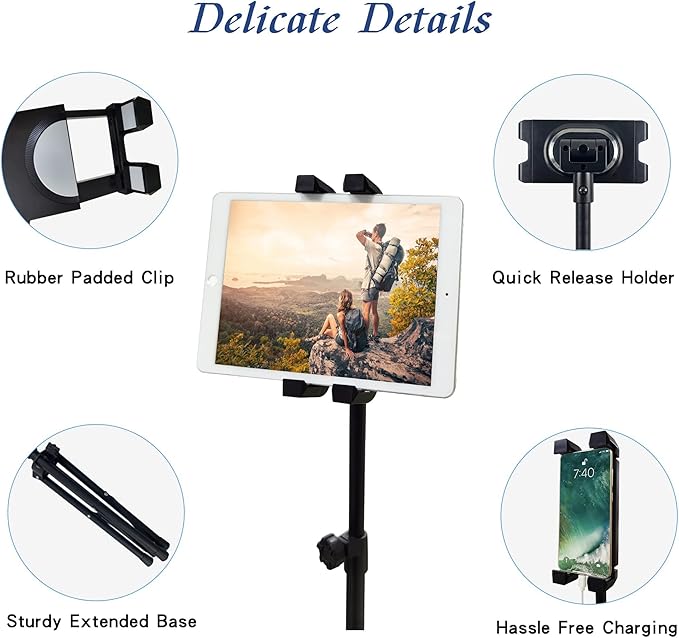 Raking Tablet Floor Stand, Height Adjustable Cellphone Floor Stand with 360°Rotating Tripod Mount, Compatible with iPhone iPad mini/Air/Pro and All 5.5-12.9 Inch Devices