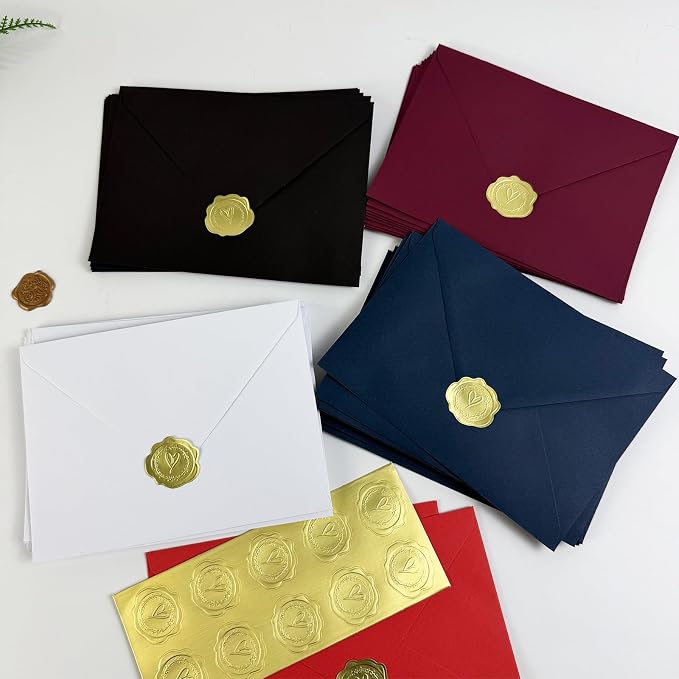 5x7 Envelopes With Golden Stickers (50, Burgundy, A7) | A7 Envelope for Invitations,envelope for 5x7 cards,Self Seal for Postcards, Greeting Cards, Mailing,Wedding