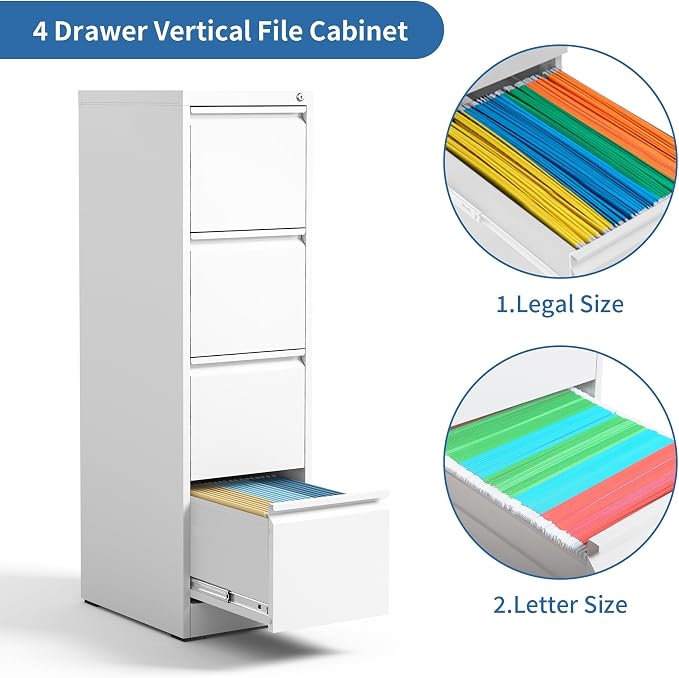 4 Drawer File Cabinet with Lock,Metal File Cabinet for Home Office | White Vertical Filing Cabinets Heavy Duty Office Storage Cabinets for Letter/Legal/A4/F4 Size File, Assembly Required