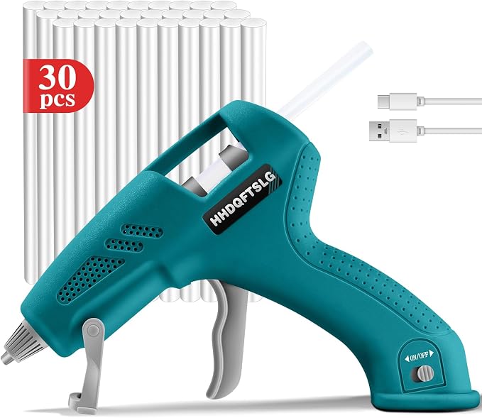 Cordless Hot Glue Gun Kit with 30 Sticks, Fast Heating 2.6Ah Rechargeable | 20W Anti-Drip Glue Gun and Sticks Set (0.27"×6") USB-C Rechargeable Mini Glue Gun Ideal for School Crafts DIY Making Repairs