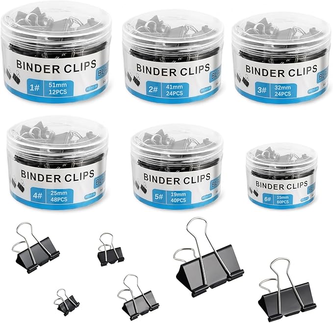 208 PCS Binder Clips Paper Clamps Assorted Sizes Black Metal Bulk Clip | Paper Binder Clip, Black Binding Paperwork Clamp, School Teachers Office Supplies