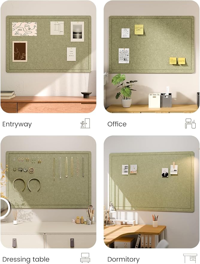 Fluxynara 35.4" x 23.6" Bulletin Board, Olive Green | Cork Board Alternative with 12 Removable Adhesive Tabs, Foldable Felt Pin Board for Home, Office, Classroom & Dorm