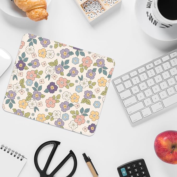 Mouse Pad with Stitched Edges - Cartoon Floral Mousepad for Women, 9.25 x 7.75 inch Washable Square Desk Pad, Non-Slip Rubber Base, Office Home Laptop Accessories - Cartoon Florals