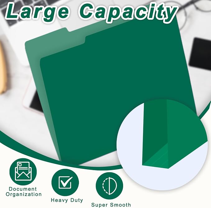 100 Packs File Folders,Green Paper Folder,1/3-Cut Tabs,File Folders Letter Size,8.5x11 Inch File Folder for Office Filing,School Projects and Home,Organizer Documents
