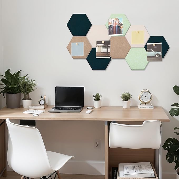 12x10 in 16 Pcs Hexagon Cork Board Tiles with 50 Wooden Push Pins, Cork Boards for Wall, Felt DIY Tiles with Nano Tape, Pin Board for Office Classroom Home Photo Memo Note (Green)