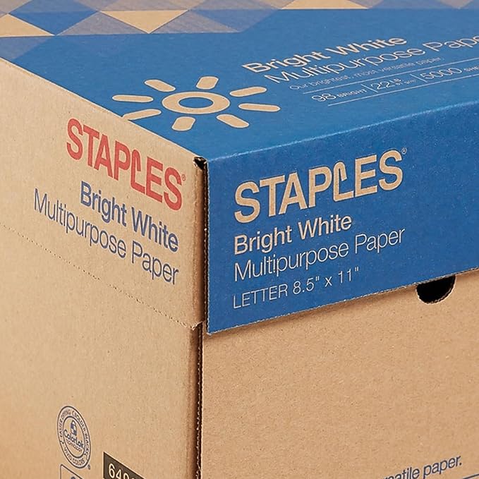 Staples Multipurpose Paper, 8.5x11 Inch, 22 lb., 98 Bright, 10 Reams | 500 sheets per ream, 5,000 sheets total. For office, school & home printing.
