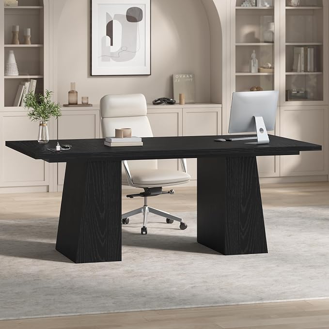 63 in Executive Desk with Power Outlets, Modern Home Office Desk with Storage Cabinet, Wood Computer Desk Business Workstation Desk Conference Table Black