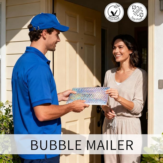 Metallic Bubble Mailers Set of 50, 3 Sizes Bubble Shipping Bags | Holographic Waterproof Self Seal Padded Cushion Envelopes for Packing Mailing Business Makeup