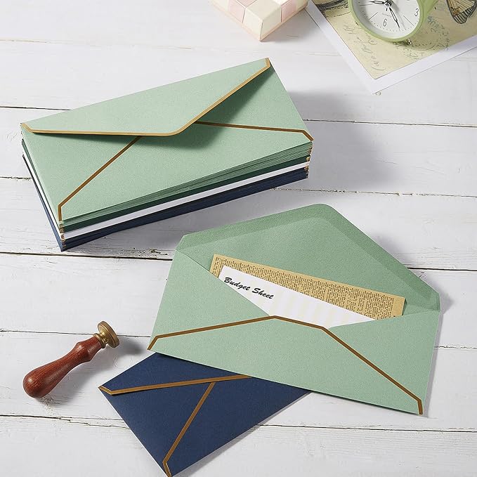 50 Pack #10 Business Envelopes, Sage-Green, 4 1/8 x 9 1/2 Inches | Gold Border, Self Seal Standard Envelopes with Gold Stickers for Office, Checks, Letter Mailing, Invoices