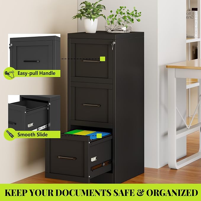 3-Drawer Metal File Cabinet with Lock, Tall Narrow Vertical, Black | Tall metal filing cabinet with adjustable rails for Letter, Legal and A4 folders; one lock secures all three drawers