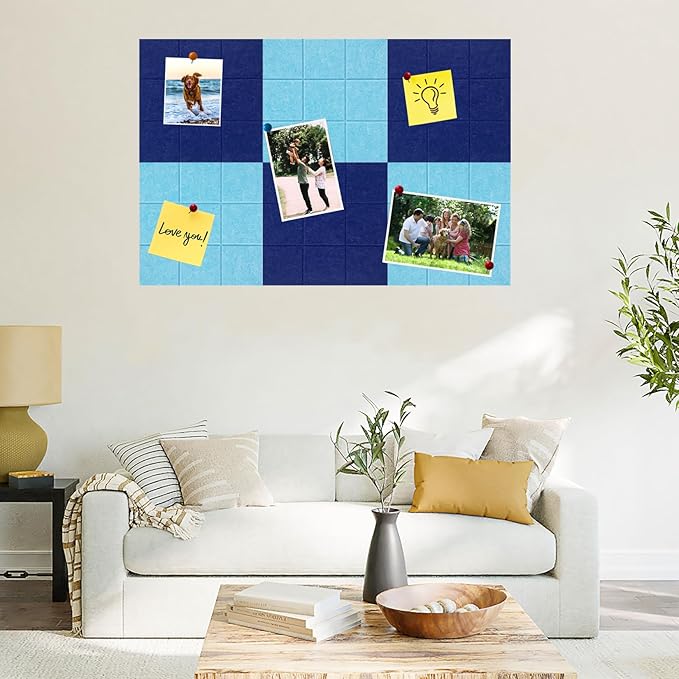 Large Square Felt Cork Board Tiles, Self Adhesive DIY Felt Bulletin Board with 35 Pushpins for Office School Home Wall Decor Stickers Memos (Dark Blue & Sky Blue)