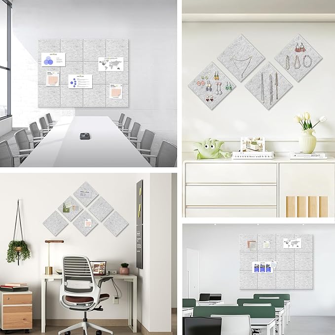 36" x 24" Large Felt Bulletin Board 1/2" Thick, Light Gray | 6 Pack Felt Tiles, Cork Board Alternative, 30 Adhesive Tabs, Pin Board for Home Office Decor with Easy Install