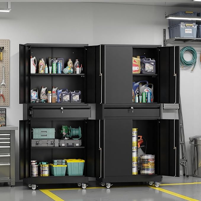 VINGLI Metal Storage Cabinet with 4 Doors and Drawer, 71" Tall Steel Lockable File Cabinet, Garage Storage Cabinet with Wheels and Locks (Black)