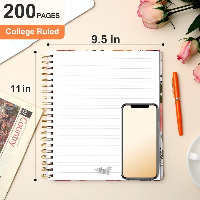 CAGIE Hardcover Spiral Notebook 8.5 x 11 for Women, College Ruled | with Large Pocket, Ruler, Aesthetic Floral Note Book Spiral Bound Notebooks for Work Note Taking Writing School, 200 Pages
