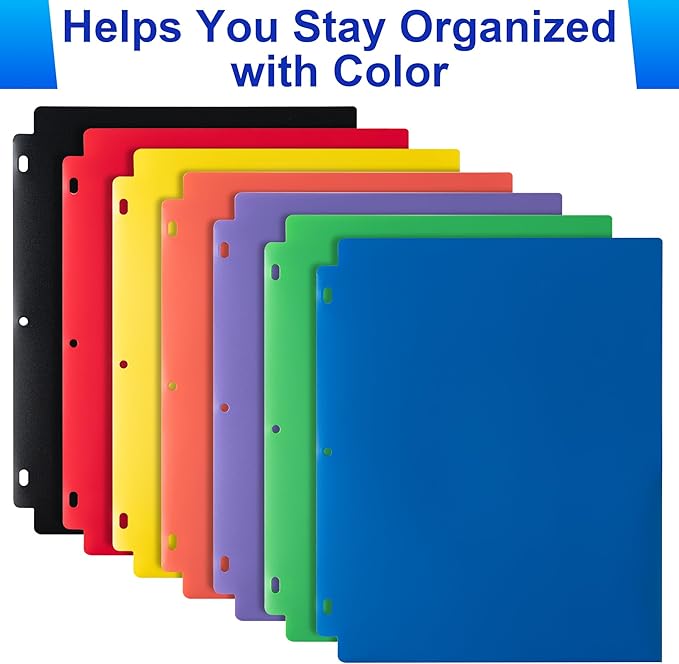 Plastic 3 Hole Punch Folders with Pockets (7 Pack, Purple), Fits 3-Ring Binder, Divider Folder for Notebook, Durable Poly,Holds US Standard 8.5x11 Letter Size Paper