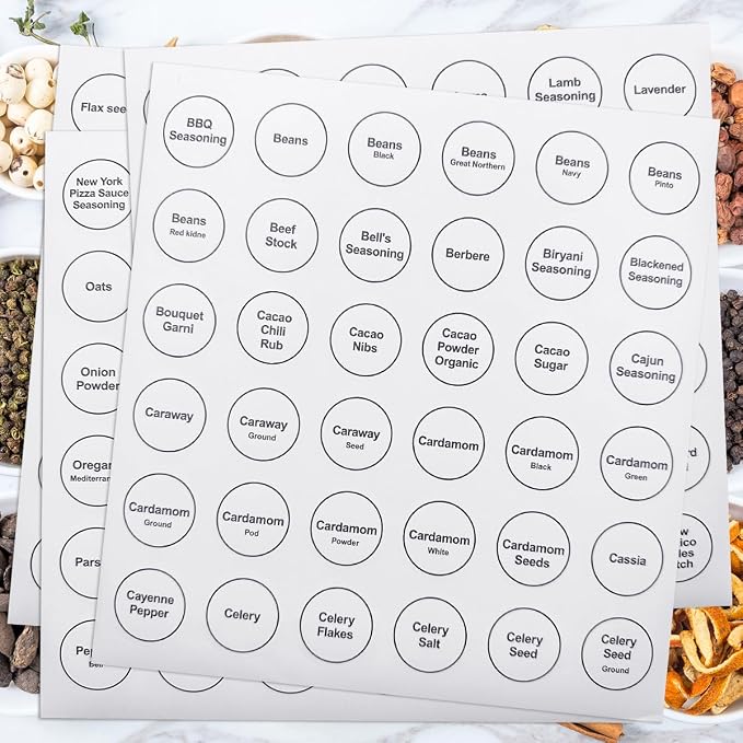Spice Labels, 432Pcs Spice Labels Stickers 1.4in Waterproof Adhesive Round Preprinted Spice with Blank Label White Tear Resistant Sticker for Kitchen Jars Caps Food Containers Organizers (White)