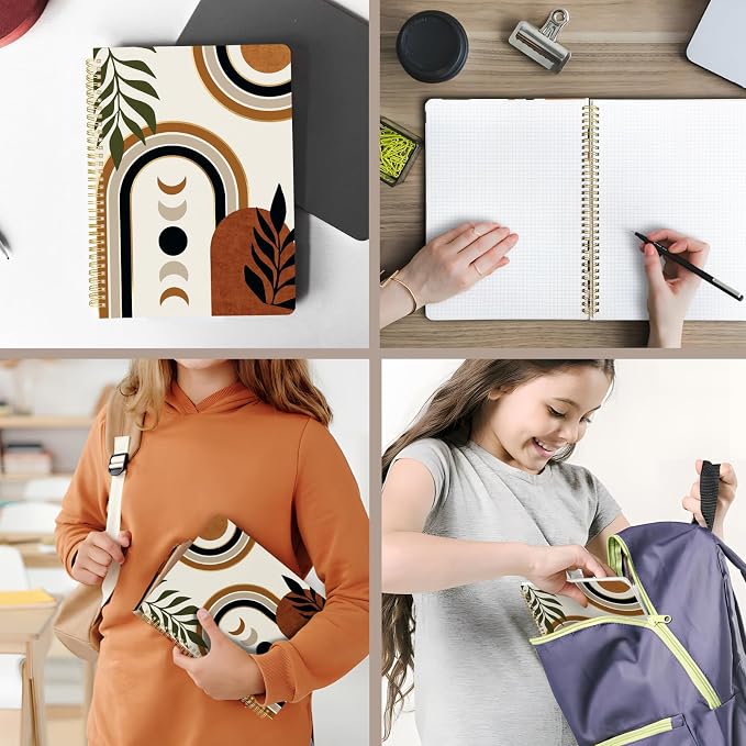 Cute Spiral Notebook journal A4 Aesthetic Pretty Design for Women Girls Kawaii with Pocket, 8.5 x 11 inch, Graph, Moon Boho