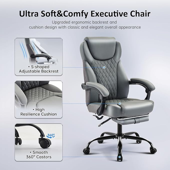 amseatec Big and Tall Office Chair with Footrest, Lumbar Support, Grey | Ergonomic Leather High Back, Infinite Lock Reclining 90°-135°, 20 Spring Packs, 300lbs Capacity, Executive Desk Chair