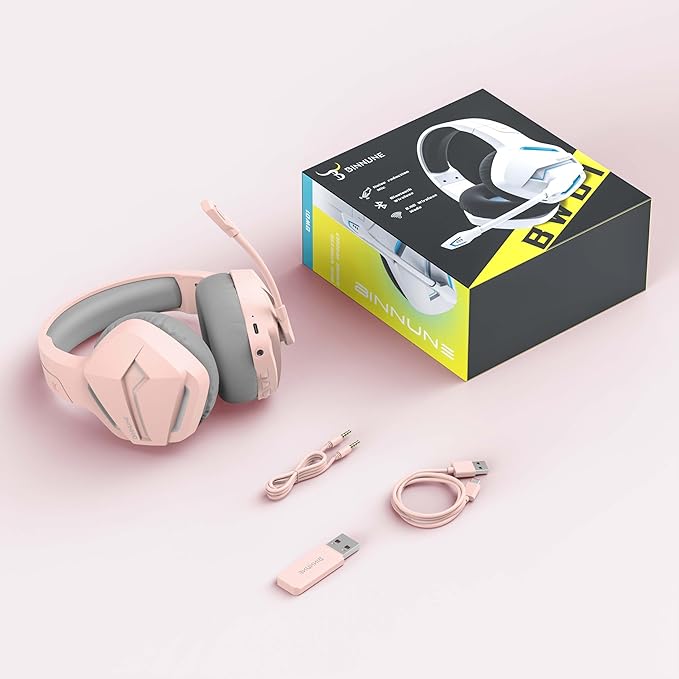 BINNUNE Wireless Gaming Headset for PS5 PC, 120H Ultra-Long Battery, 2.4GHz & Bluetooth 5.3 Wireless Gaming Headphones, PS5 Hadset Wireless with Mic, 50mm Drivers, Comfort Over Ear Headphones,Pink