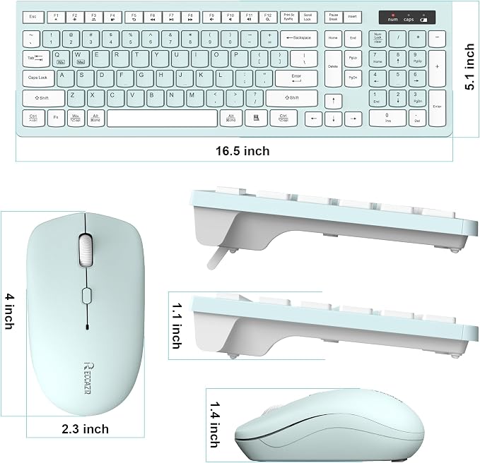 Wireless Keyboard and Mouse Combo Silent for Office and Home(Mint Green) | 2.4G Full Size Silent Cordless Keyboard with Tilt Legs,3-Level DPI Quiet Mouse,for Windows/Mac OS/Desktop/Laptop/PC